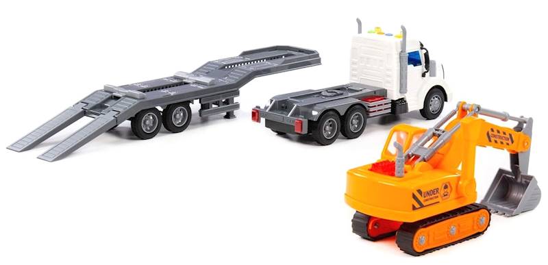 84016 Ciężarówka z koparką – zestaw pojazdów budowlanych laweta tir zabawka