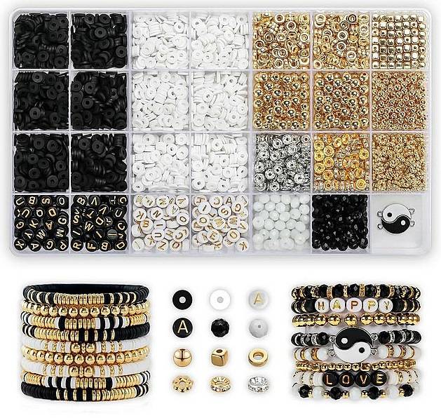 5655 Zestaw koralików do bransoletek czarne białe złote literki biżuteria
