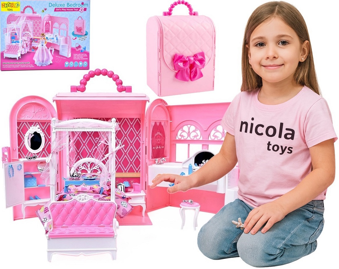 * 2082 Luksusowy Domek dla Lalek Walizka Różowy Meble Akcesoria