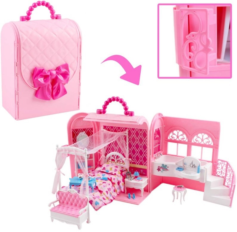 * 2082 Luksusowy Domek dla Lalek Walizka Różowy Meble Akcesoria