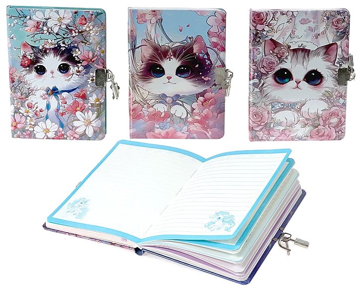 7414 Notes pamiętnik z kłódką błyszczące kotki w kratkę format B6 