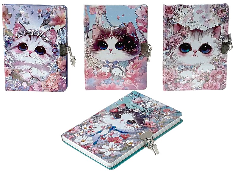 7414 Notes pamiętnik z kłódką błyszczące kotki w kratkę format B6 