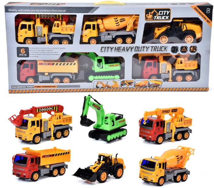* 2044 Zestaw pojazdów budowlanych 6w1 betoniarka koparka dźwig wywrotka ciężarówka