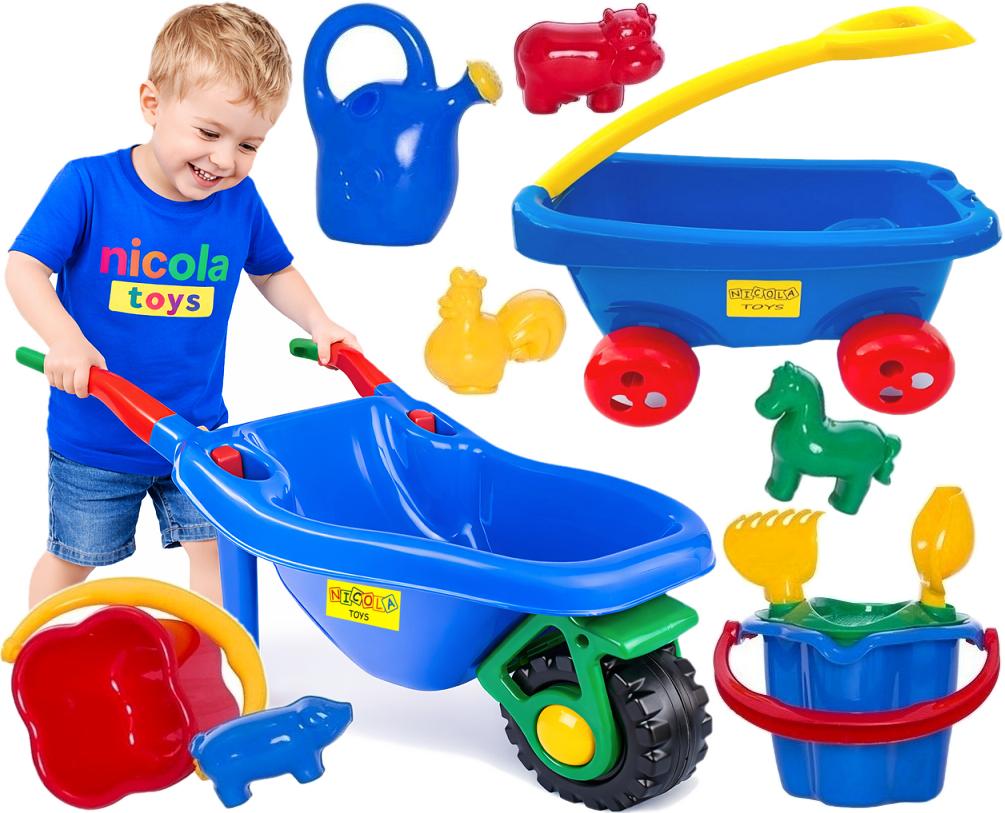 2112 Zestaw do piasku taczka wózek z rączką konewka wiaderko łopatka grabki sitko foremki Niebieski