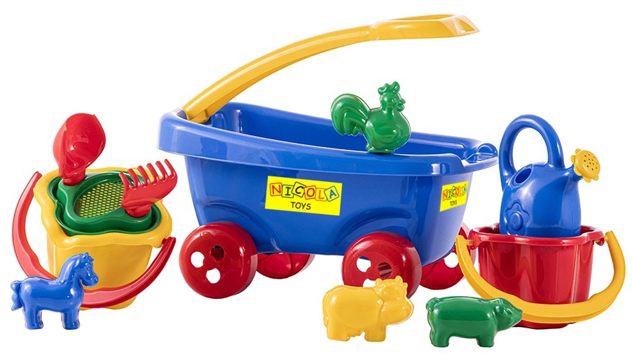 2112 Zestaw do piasku taczka wózek z rączką konewka wiaderko łopatka grabki sitko foremki Niebieski