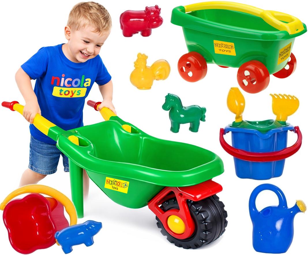 2129 Zestaw do piasku taczka wózek z rączką konewka wiaderko łopatka grabki sitko foremki Zielony