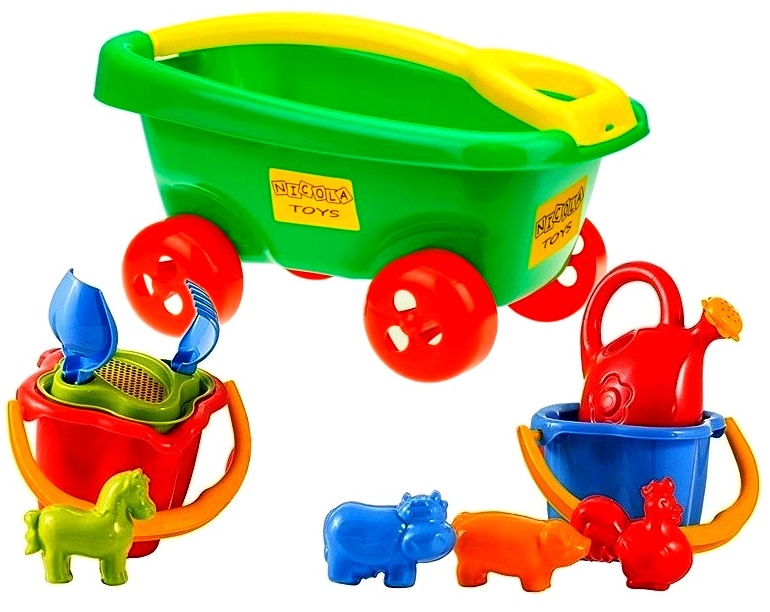 2129 Zestaw do piasku taczka wózek z rączką konewka wiaderko łopatka grabki sitko foremki Zielony