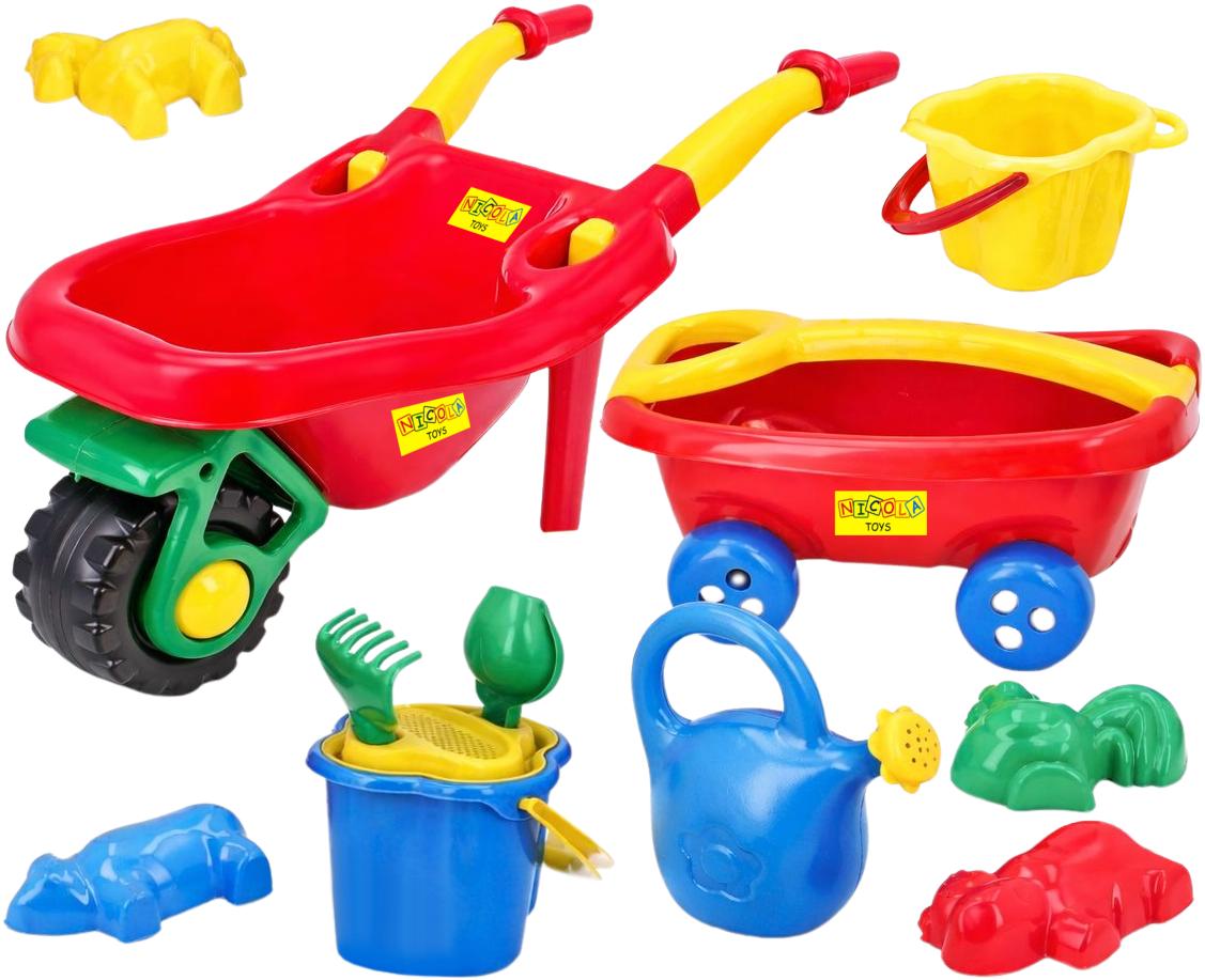 2136 Zestaw do piasku taczka wózek z rączką konewka wiaderko łopatka grabki sitko foremki Czerwony