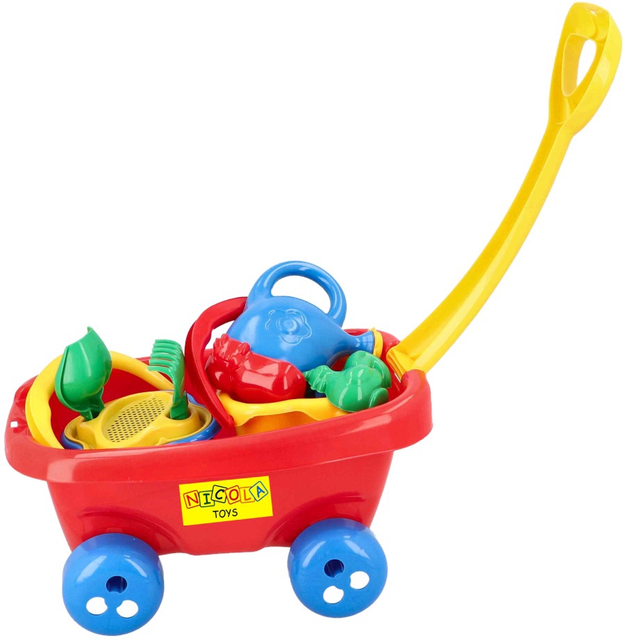 2136 Zestaw do piasku taczka wózek z rączką konewka wiaderko łopatka grabki sitko foremki Czerwony