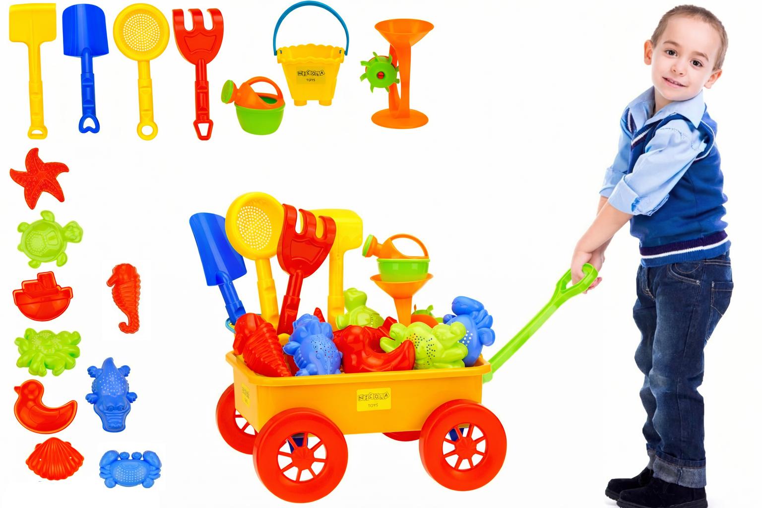 2259 Wielki zestaw XXL zabawek do piaskownicy Taczka wózek z rączką wiaderka łopatki grabki konewki młynek sitko