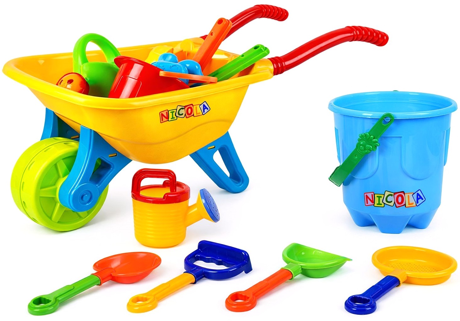 2259 Wielki zestaw XXL zabawek do piaskownicy Taczka wózek z rączką wiaderka łopatki grabki konewki młynek sitko