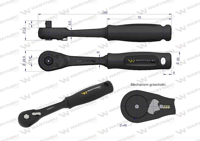 Grzechotka 1/4" 48T monolityczny zabierak Waryński