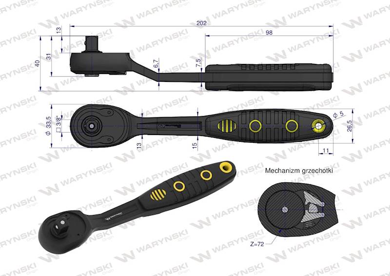 Grzechotka 3/8" odgięta 72T Waryński