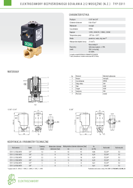 Elektrozawór 1/4"  mosiężny NZ 2/2 bez cewki FPM