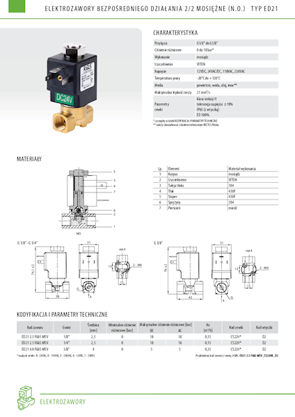 Elektrozawór 1/4"  mosiężny NO 2/2 bez cewki FPM
