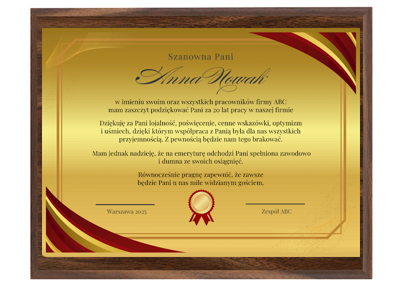 Podziękowanie dyplom drewniany 225x175