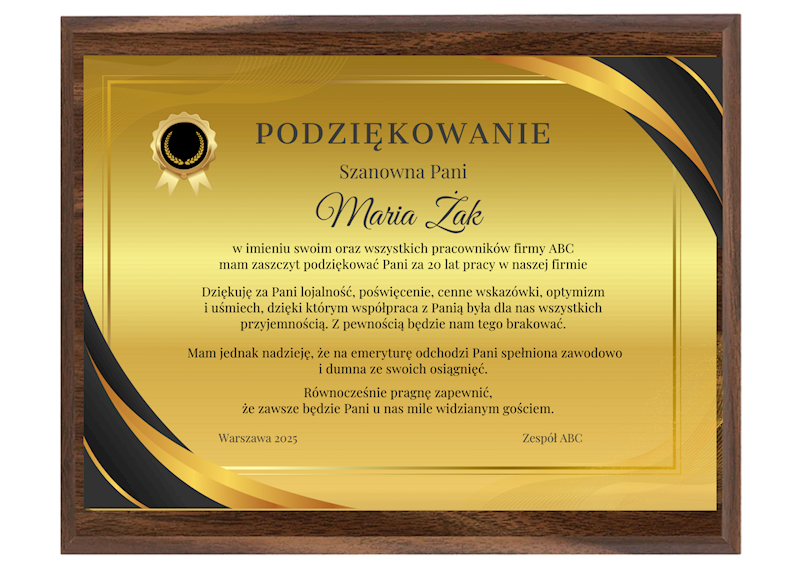 Podziękowanie dyplom drewniany 225x175