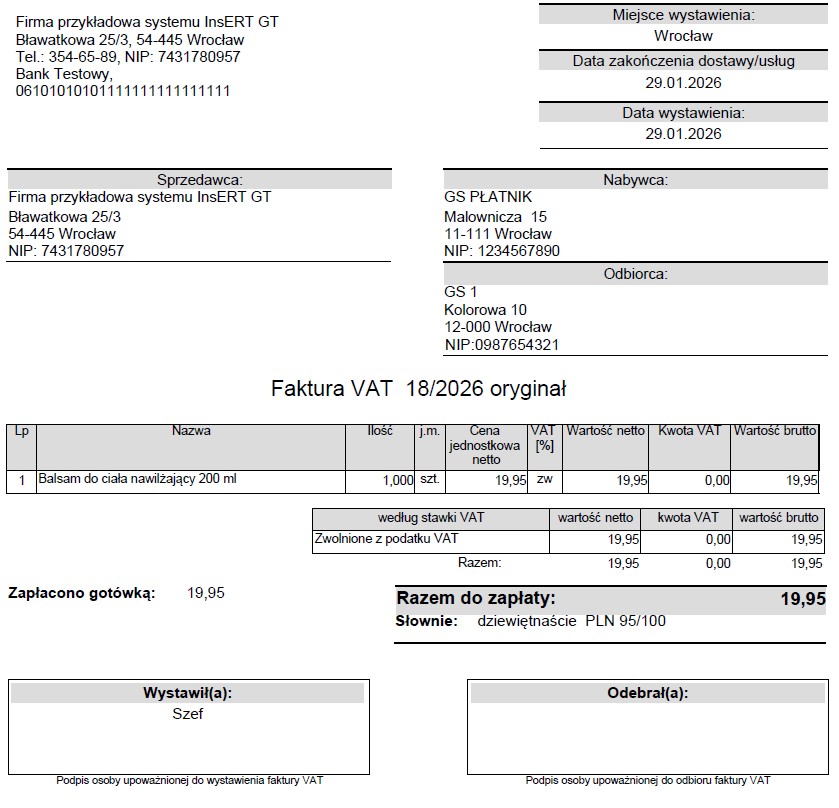 Wzorzec wydruku faktury sprzedaży z NIPem odbiorcy