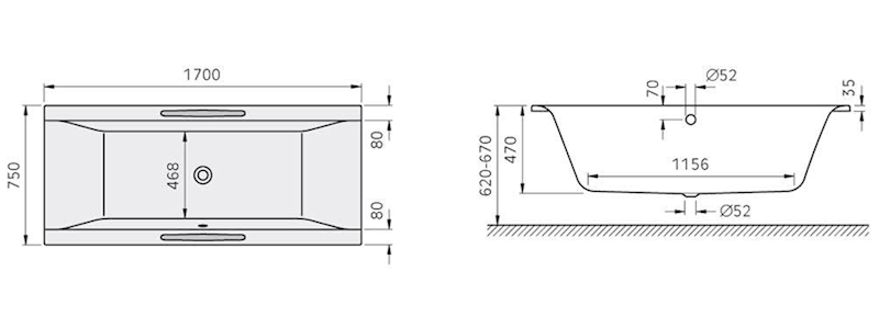 Koralle wanna akrylowa Claris1700x750x470mm  (S14)