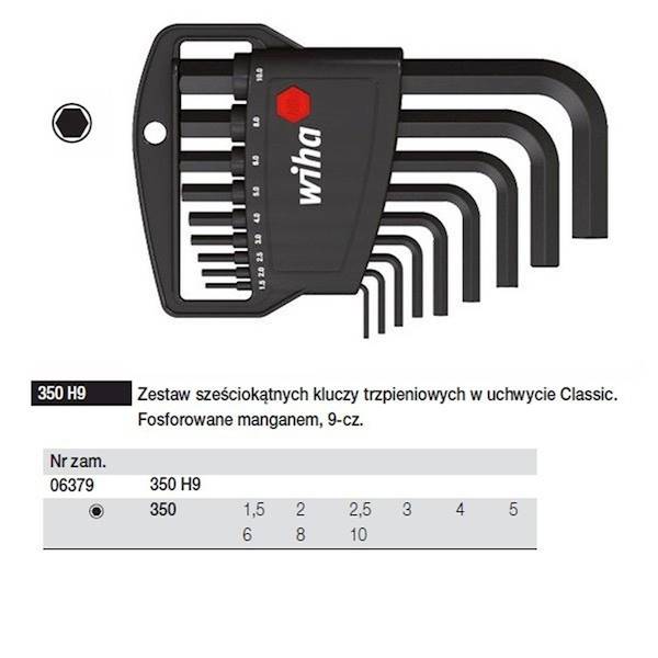 WIHA 350H9 Zestaw imbusów krótkich 1,5-10mm