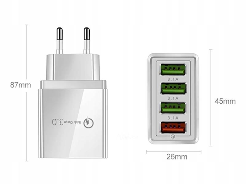 ŁADOWARKA SIECIOWA SZYBKA 4xUSB QUICK CHARGE 3.0