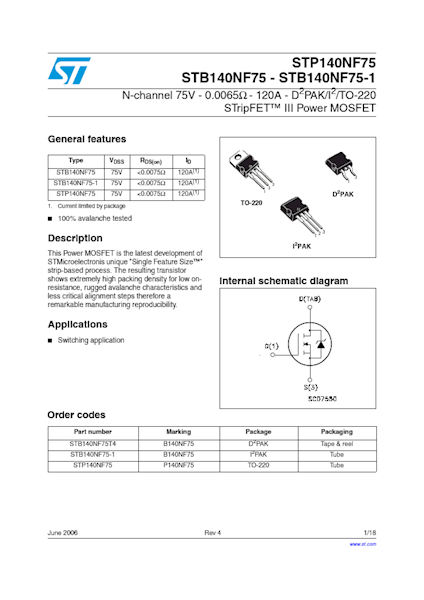 STP140NF75 N-channel MOSFET 100A 75V 310W TO220  TRANZYSTOR