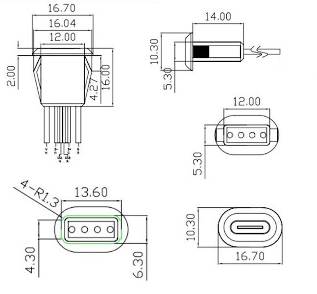 GNIAZDO USB TYP C DO OBUDOWY ZATRZASK 4-PRZEWODY
