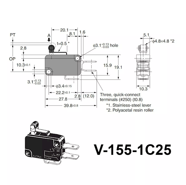 MIKROPRZEŁĄCZNIK KRAŃCOWY Z ROLKĄ V-155-1C25 OFF-(ON)  L = 15mm SPDT  WK825