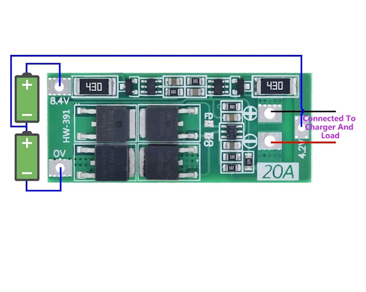 MODUŁ ŁADOWANIA BMS 2S - 7,4V - 20A - DO OGNIW 18650 Li-Ion Z BALANSEREM
