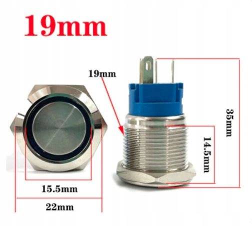 PRZYCISK PRZEŁĄCZNIK WANDALOODPORNY MONOSTABILNY 12-24V 19MM NIEBIESKI LED