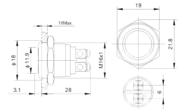 PRZYCISK WANDALOODPORNY MONOSTABILNY 12-24V 16MM NIEBIESKI LED