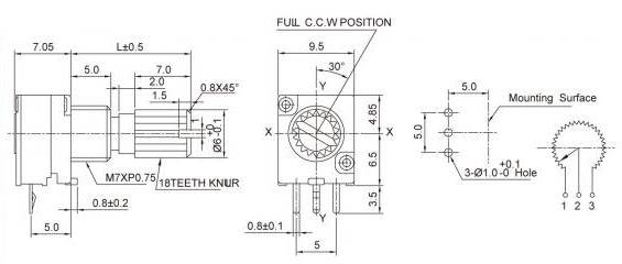 POTENCJOMETR LINIOWY JEDNOOBROTOWY 1K 3PIN RK097