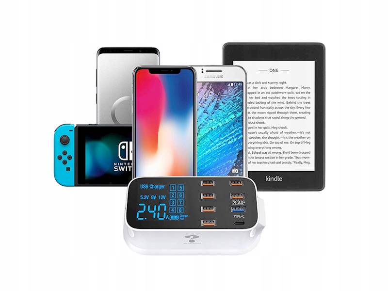 SZYBKA ŁADOWARKA DO TELEFONU 8 x USB QC 3.0 TYP C BIURKOWA SIECIOWA LCD 40W