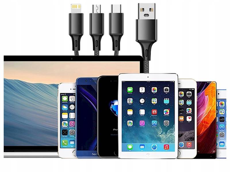 KABEL USB 3W1 DO TELEFONU PRZEWÓD  LIGHTNING IPHONE MICRO USB TYPE-C 1,2M