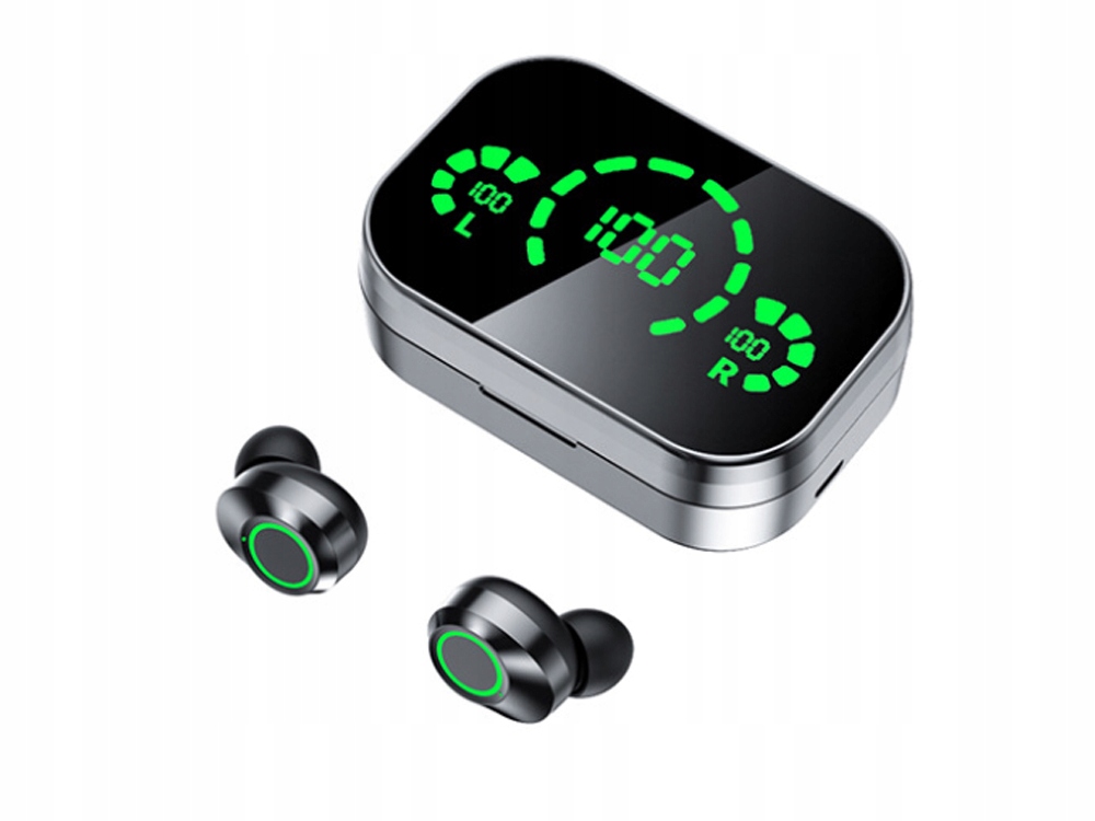 SŁUCHAWKI DOUSZNE BLUETOOTH BEZPRZEWODOWE Z ETUI ŁADUJĄCYM LED I MIKROFONEM