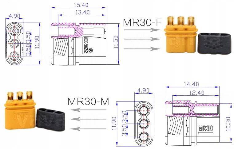 MR30 KOMPLET ZŁĄCZ WYSOKOPRĄDOWYCH 30A MĘSKI + ŻEŃSKI + OSŁONY