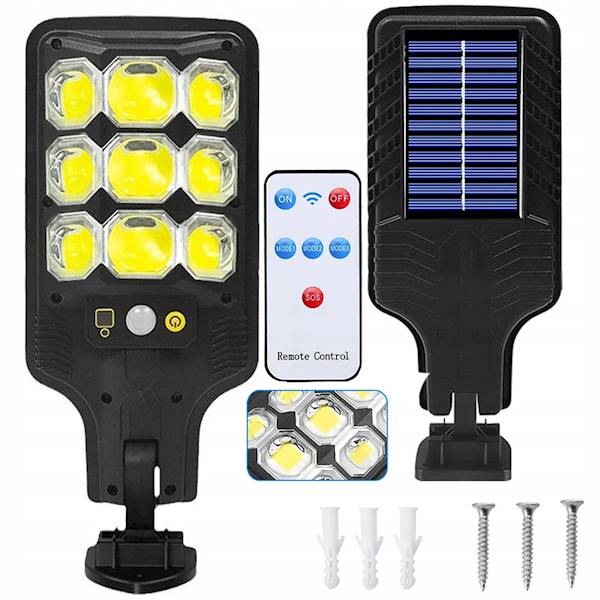 LAMPA SOLARNA ZEWNĘTRZNA COB ULICZNA Z CZUJNIKIEM RUCHU I ZMIERZCHU + PILOT