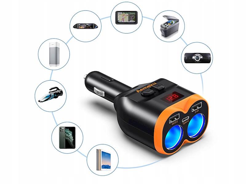 ROZDZIELACZ GNIAZDA ZAPALNICZKI 12-24V 2xUSB-A 1xUSB-C QC 3.0 80W ŁADOWARKA