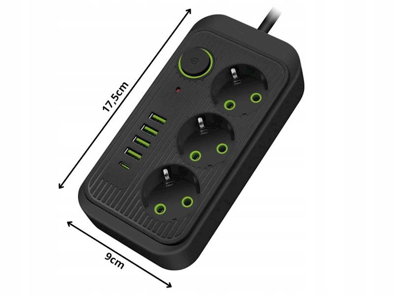 PRZEDŁUŻACZ LISTWA ZASILAJĄCA SIECIOWA 3 GNIAZDA 250V 2m 4x USB 1x UCB-C ŁADOWARKA