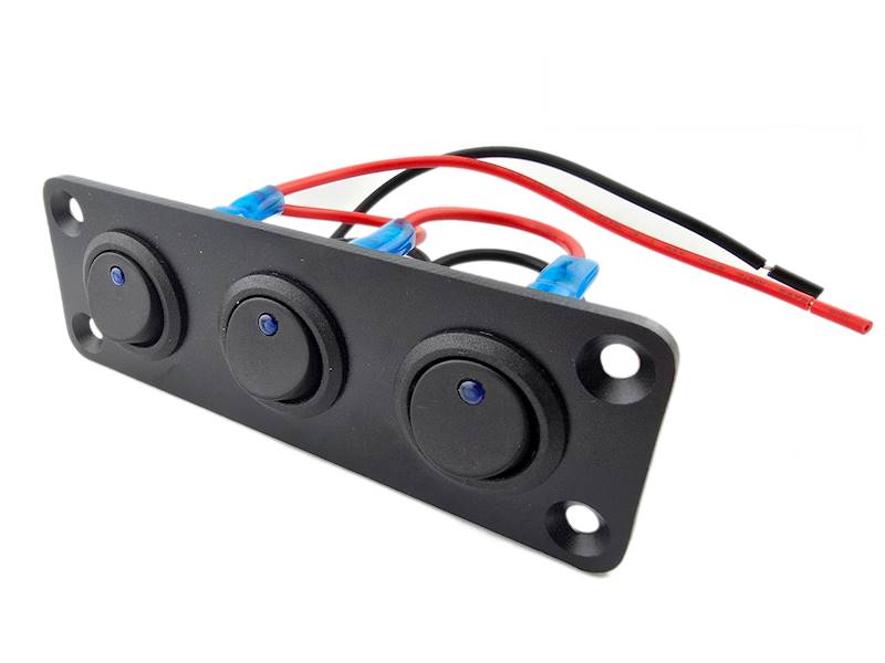 PRZEŁĄCZNIKI 3x ON-OFF 12V NIEBIESKIE , RAMKA ALUMINOWA 104x35mm