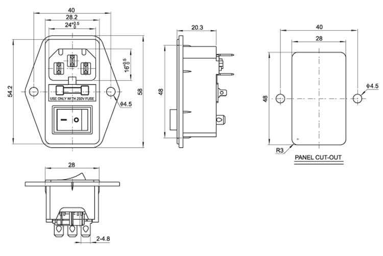 GNIAZDO AC IEC ZASILAJĄCE KOMPUTEROWE MĘSKIE Z GNIAZDEM BEZPIECZNIKA Z WYŁĄCZNIKIEM