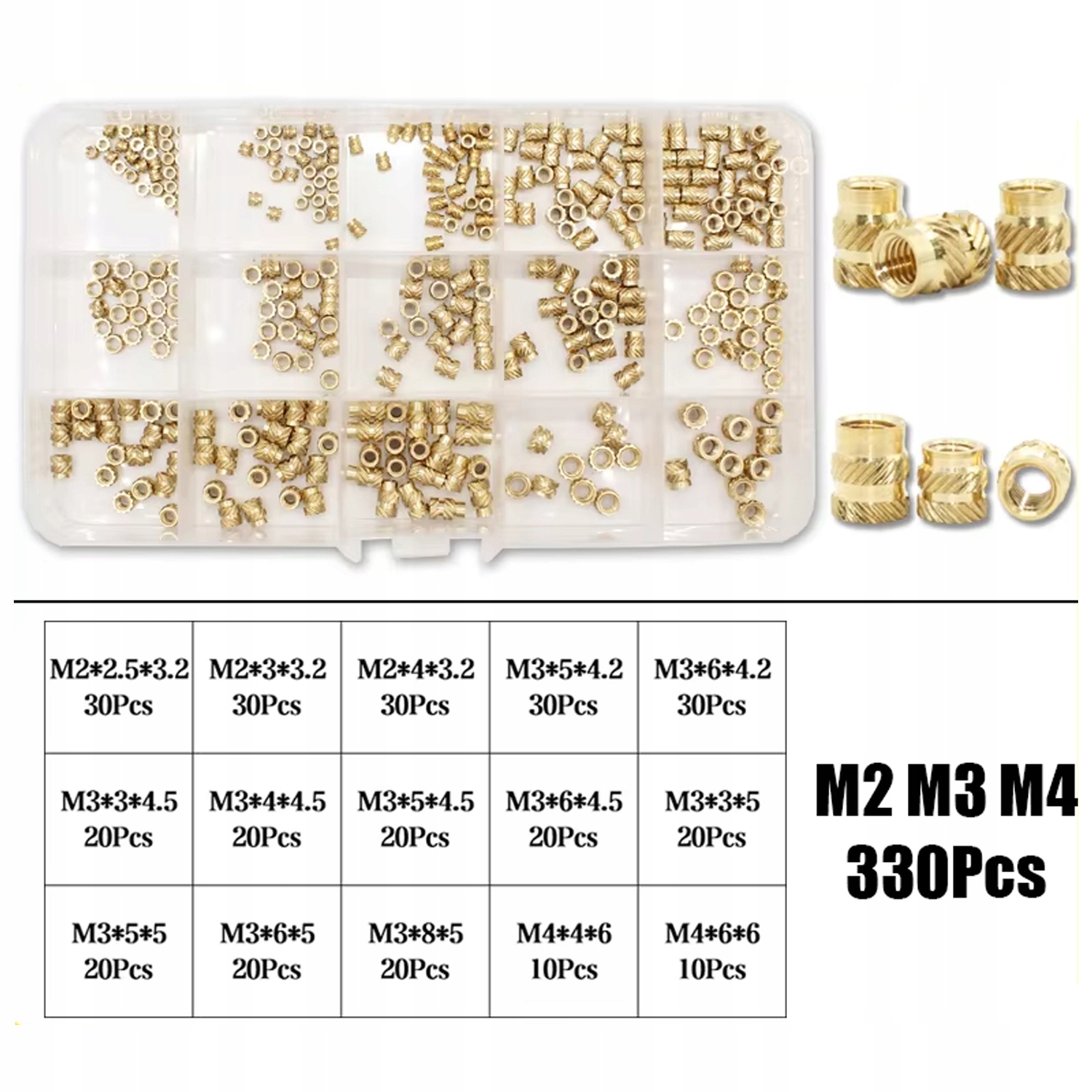 330szt. Zestaw mosiężnych wkładek gwintowanych M2, M3, M4. Inserty do wydruków 3D.
