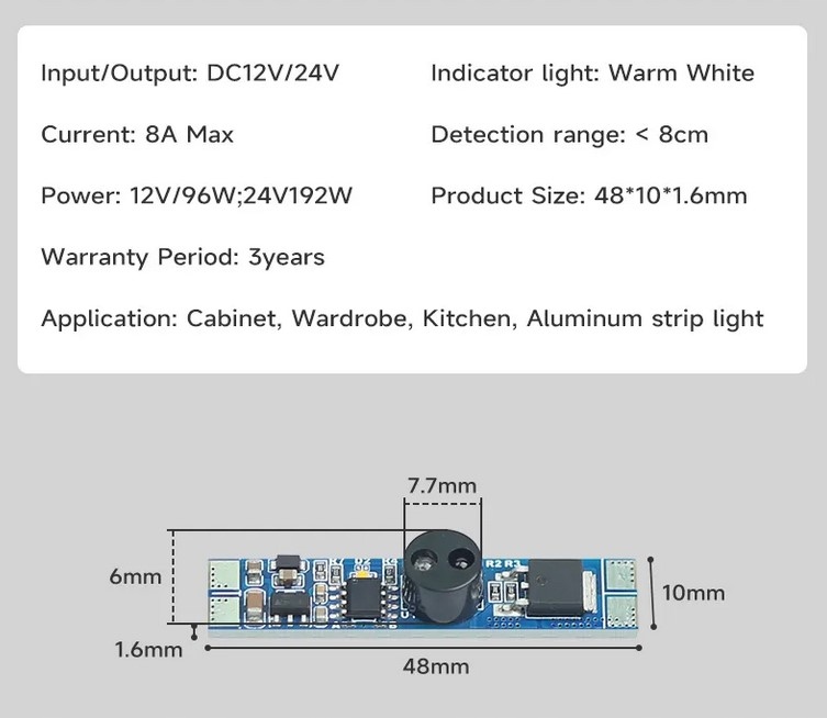 WŁĄCZNIK BEZDOTYKOWY ZBLIŻENIOWY DO PROFILI LED 12V 24V 8A