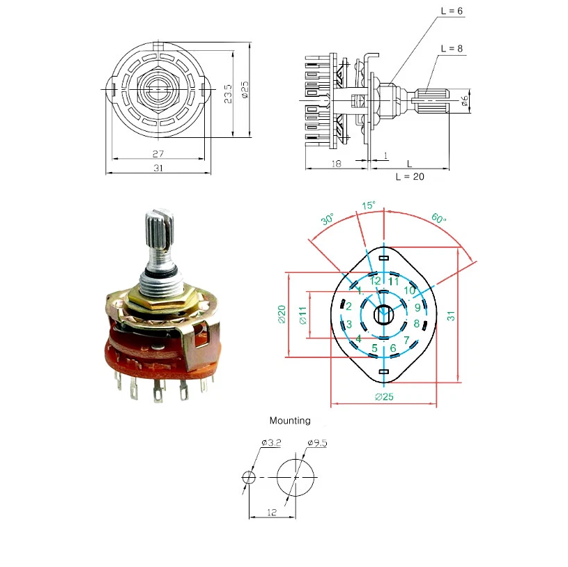 PRZEŁĄCZNIK OBROTOWY PCB 4 POZYCJE 3 TORY