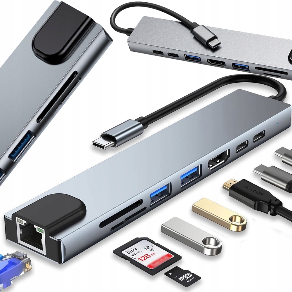 HUB ADAPTER 8w1 PRZEJŚCIÓWKA 2x USB-C THUNDERBOLT 3 2xUSB HDMI SD RJ45