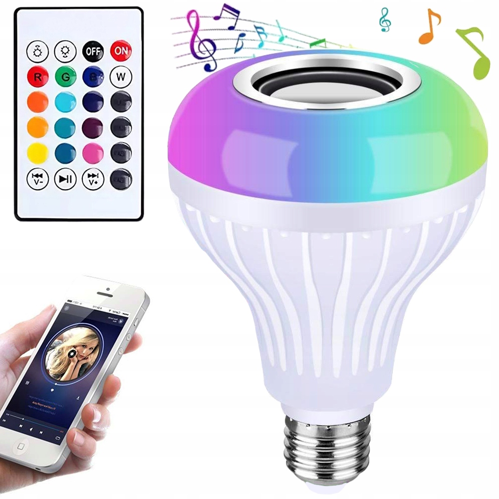ŻARÓWKA KOLOROWA LED RGB GŁOŚNIK BLUETOOTH PILOT E27