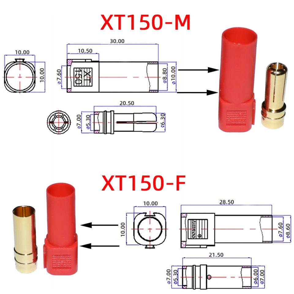KOMPLET XT150 ZŁĄCZ WYSOKOPRĄDOWYCH 150A MĘSKI + ŻEŃSKI + OSŁONY CZERWONY