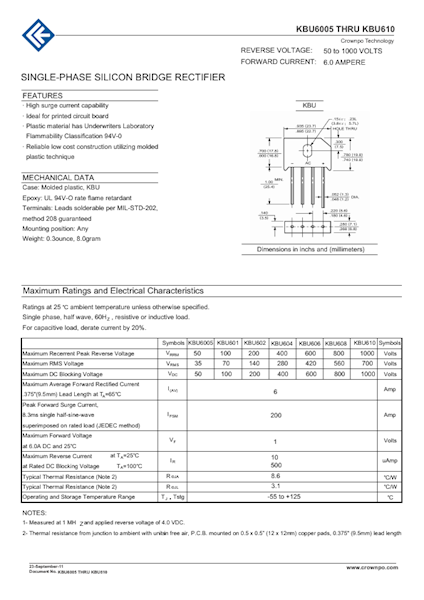 MOSTEK PROSTOWNICZY KBU610=KBU6M 6A 1000V PŁASKI