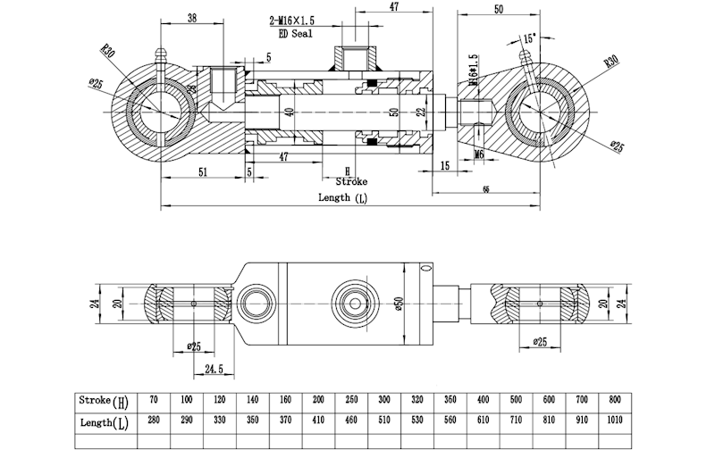 Siłownik Hydrauliczny 40/22 skok 100 U25 2-stronny
