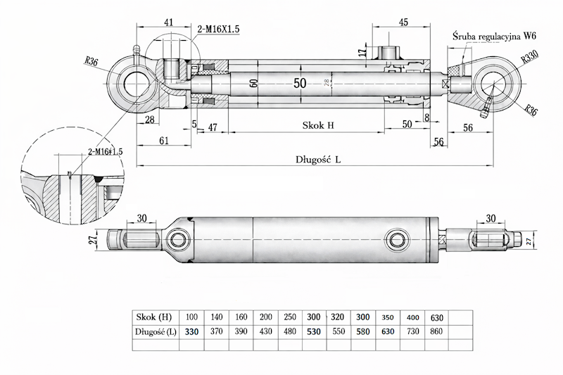 Siłownik Hydrauliczny 50/28 skok 630 U30 2-stronny